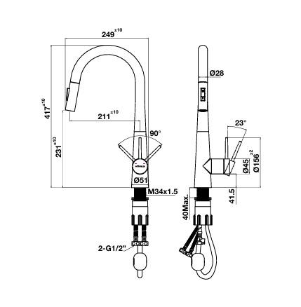 Kích thước Vòi rửa bát nóng lạnh Hafele HT24-SH1P417-TITAN 570.85.441 có dây rút Kích thước Vòi rửa bát nóng lạnh Hafele HT24-SH1P417-TITAN 570.85.441 có dây rút