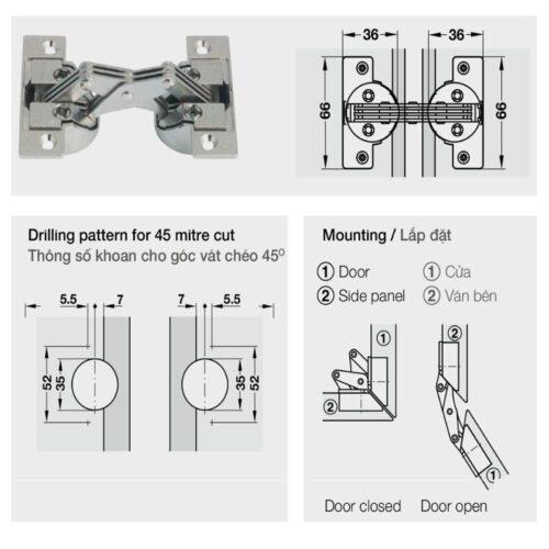 Bản lề tủ Mitred cho góc vát chéo 45º Hafele 325.00.708 4 Kích thước bản lề tủ Mitred cho góc vát chéo 45º Hafele 325.00.708