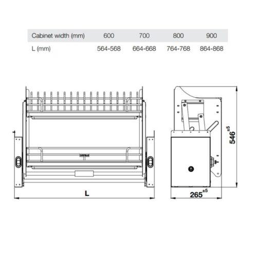Giá bát nâng hạ Hafele Oria 504.71.075 900mm 4 Kích thước giá bát nâng hạ Hafele Oria 504.71.076 800mm