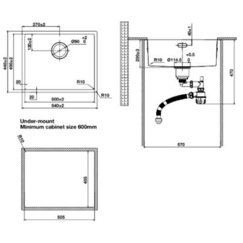 Kích thước chậu rửa bát Hafele R10 HS25-SSN1S-540 567.24.480 Titan