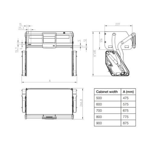 Kệ nâng hạ Hafele 504.68.374 Imove R700mm 5 Kích thước Kệ nâng hạ Hafele 504.68.374 Imove R700mm