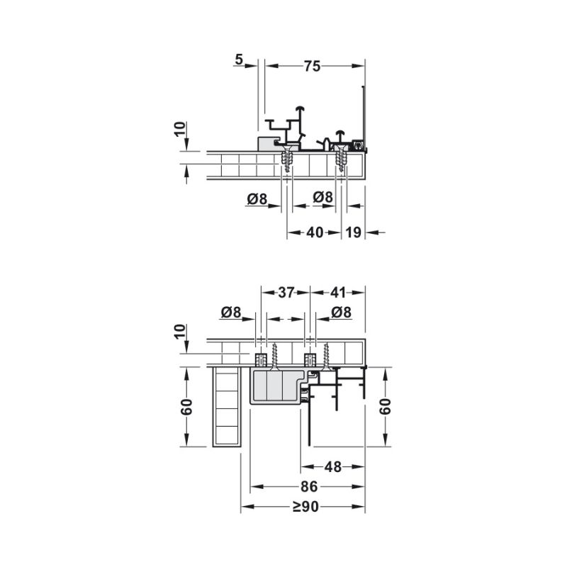Chi tiết bộ phụ kiện cửa trượt Slido F-Line44 80A Hafele 407.41.025 Chi tiết bộ phụ kiện cửa trượt Slido F-Line44 80A Hafele 407.41.025