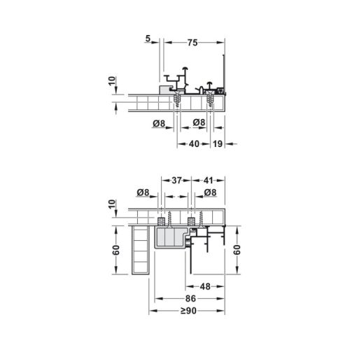 Bộ F-Line44 80A 2 cánh giảm chấn Hafele 407.41.014 4 Kích thước bộ F-Line44 80A 2 cánh giảm chấn Hafele 407.41.014