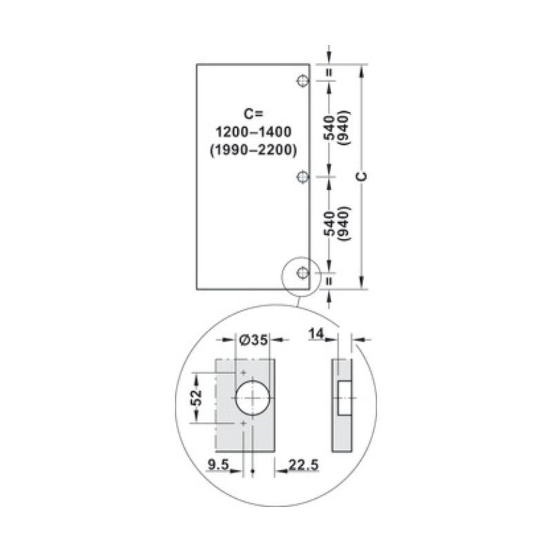 Kích thước bộ phụ kiện cửa trượt Hafele 408.45.025 Kích thước bộ phụ kiện cửa trượt Hafele 408.45.025