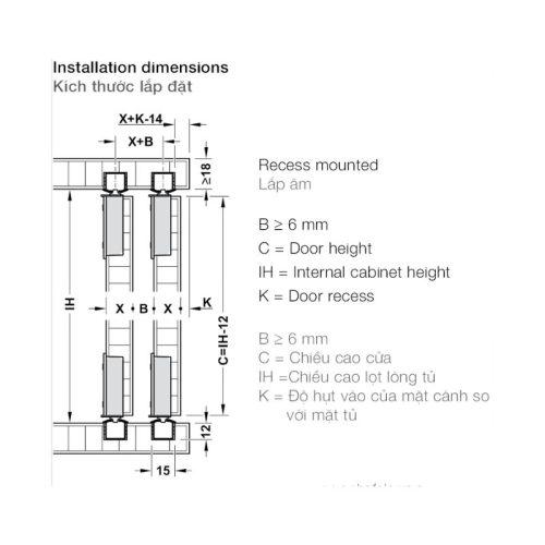 Kích thước phụ kiện cửa trượt tủ Slido F-Line18 50A Hafele 401.30.016