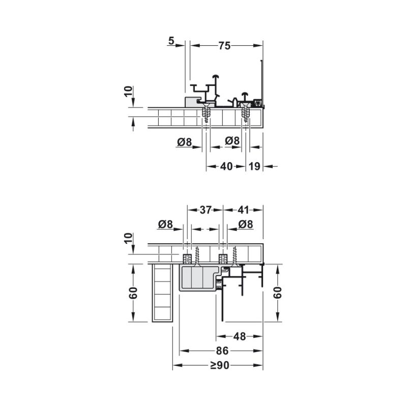 Kích thước ray trượt cho bộ F-Li44 80A Hafele 406.78.706 Kích thước ray trượt cho bộ F-Li44 80A Hafele 406.78.706