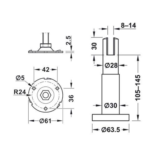 Thông số chân đỡ vách ngăn WC công cộng Hafele 988.98.110