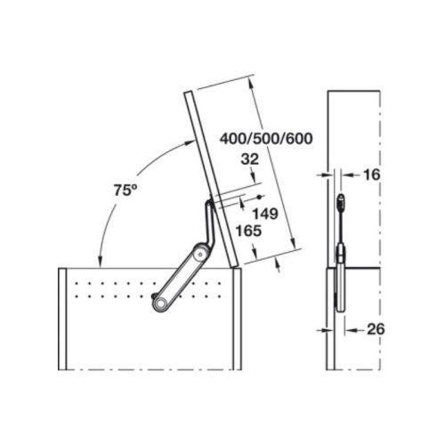 Thông số mở tay nâng rương Maxi Up 3675H Hafele 373.85.702