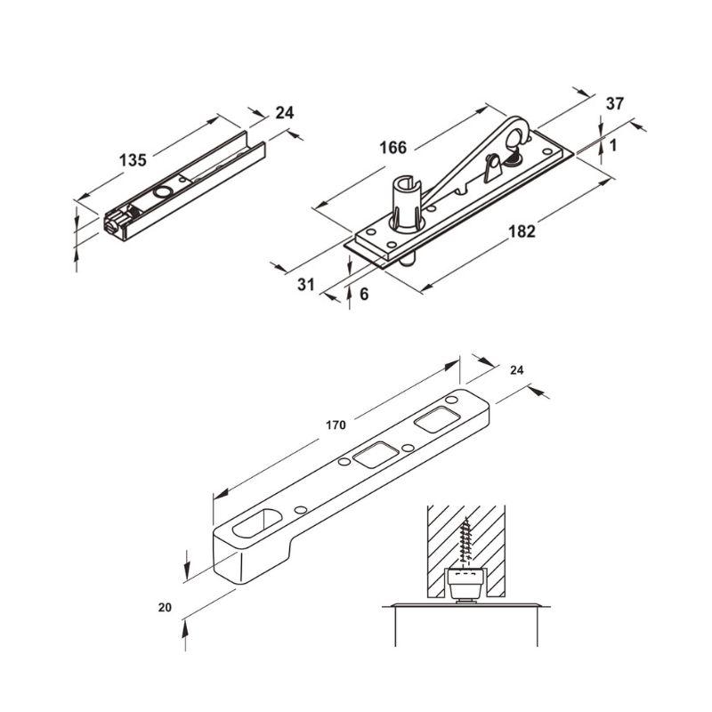 Thông số phụ kiện cho bản lề sàn Hafele 932.79.090 Thông số phụ kiện cho bản lề sàn Hafele 932.79.090