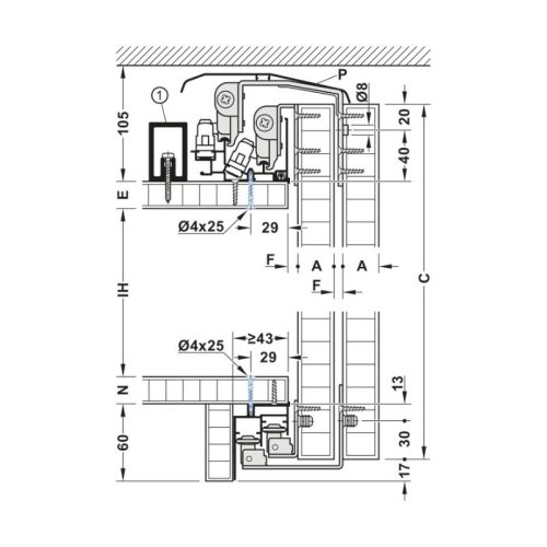 Thông số ray dẫn hướng đôi Slido F-Line44 80A Hafele 406.78.713