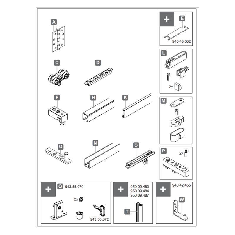 Trọn bộ phụ kiện cửa trượt xếp cho cửa gỗ Hafele 940.42.512 Trọn bộ phụ kiện cửa trượt xếp cho cửa gỗ Hafele 940.42.512