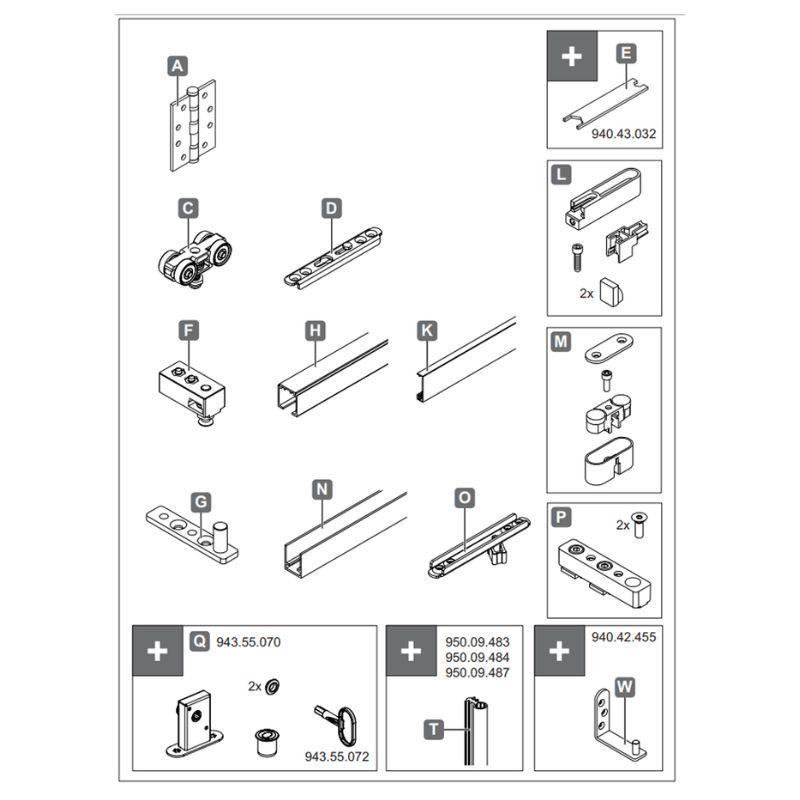 Trọn bộ phụ kiện cửa trượt xếp Hafele 940.42.511 Trọn bộ phụ kiện cửa trượt xếp Hafele 940.42.511