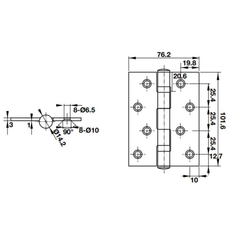 Kích thước của Bản lề lá 2 vòng bi 70Kg Hafele 926.20.063 Kích thước của Bản lề lá 2 vòng bi 70Kg Hafele 926.20.063