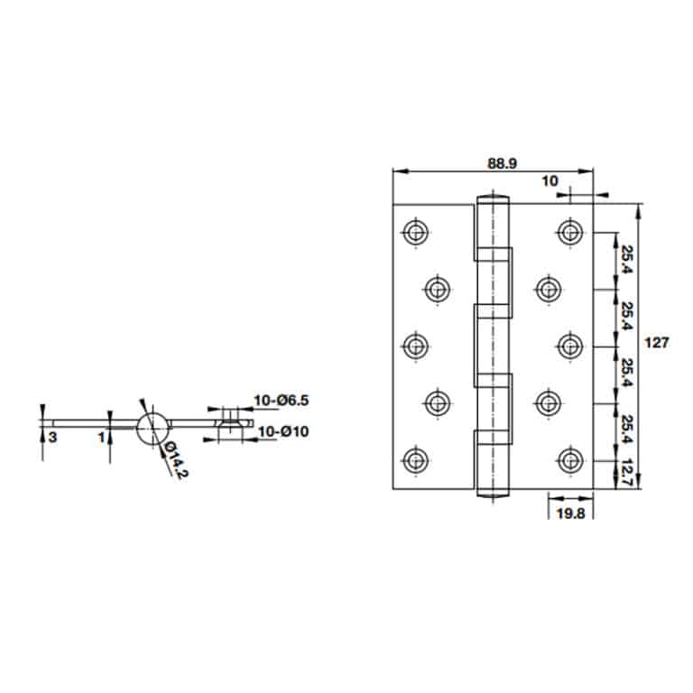 Kích thước của Bản lề lá 4 vòng bi 80Kg Hafele 926.20.053 Kích thước của Bản lề lá 4 vòng bi 80Kg Hafele 926.20.053