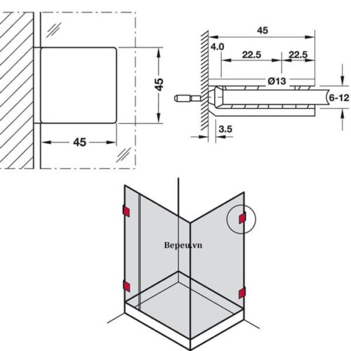 Kẹp kính tường 90º phòng tắm kính Hafele 981.77.918 4 Kích thước của Kẹp kính tường 90º phòng tắm kính Hafele 981.77.918