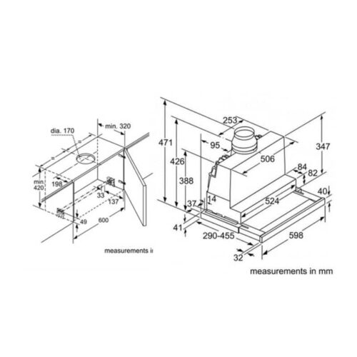 Máy hút mùi âm tủ Bosch DFS067J50B 6 Kích thước máy hút mùi âm tủ Bosch DFS067J50B
