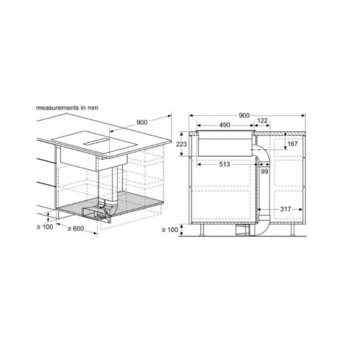 Kích thước lắp bếp từ 4 vùng nấu kết hợp hút mùi Bosch PXX875D67E