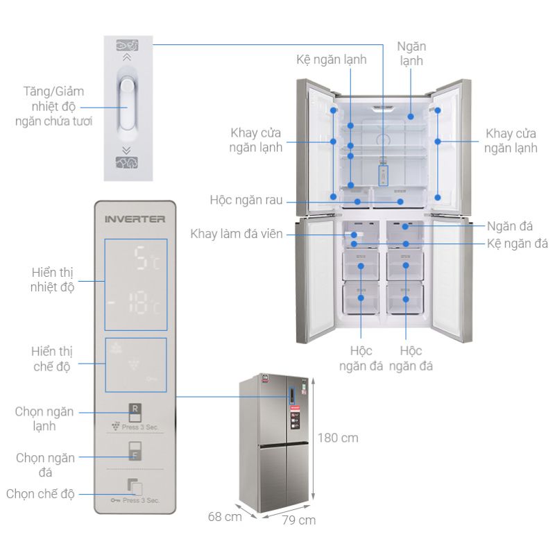 Kích thước tủ lạnh 4 cánh 401 lít Sharp SJ-FXP480VG-CH Kích thước tủ lạnh 4 cánh 401 lít Sharp SJ-FXP480VG-CH