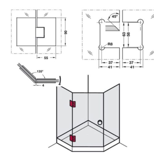 Bản lề kính 135 độ Häfele DIY 499.05.806 4 Kích thước Bản lề kính 135 độ Häfele DIY 499.05.806