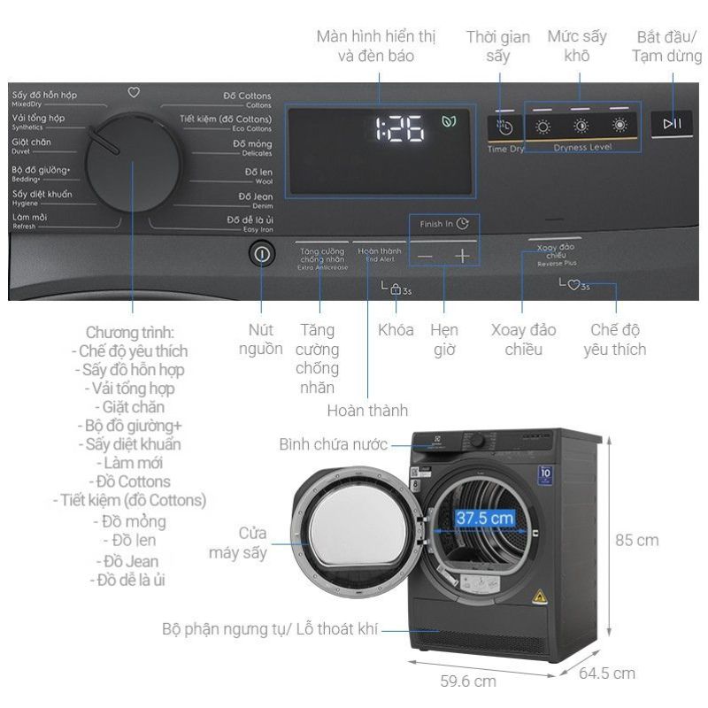 Kích thước máy sấy quần áo Electrolux EDH803J5SC Kích thước máy sấy quần áo Electrolux EDH803J5SC