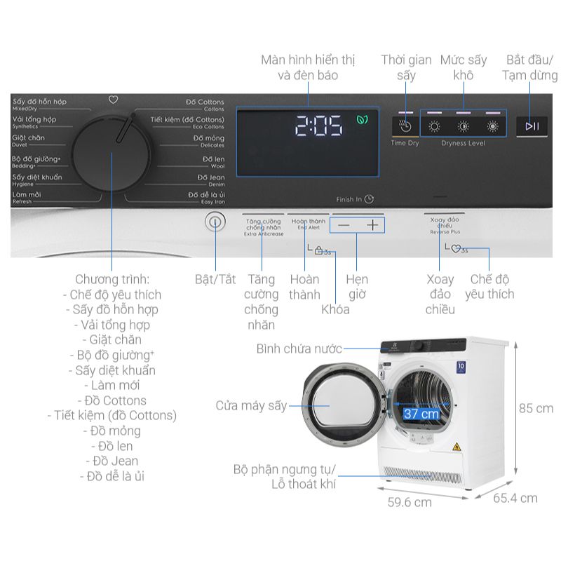 Kích thước máy sấy quần áo Electrolux EDH803J5WC Kích thước máy sấy quần áo Electrolux EDH803J5WC