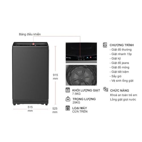 Máy Giặt Casper 7.5 Kg WT-75NG1 cửa trên 4 kich thuoc may giat casper 7 5 kg wt 75ng1 cua tren