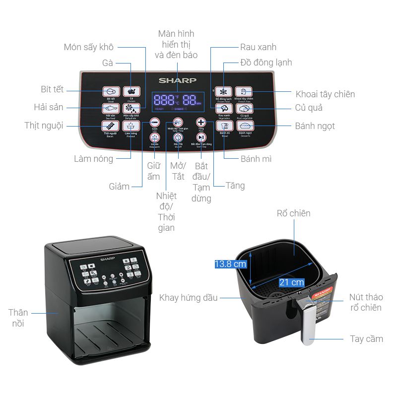 Kích thước nồi chiên không dầu Sharp KF-AF55EV-BK Kích thước nồi chiên không dầu Sharp KF-AF55EV-BK