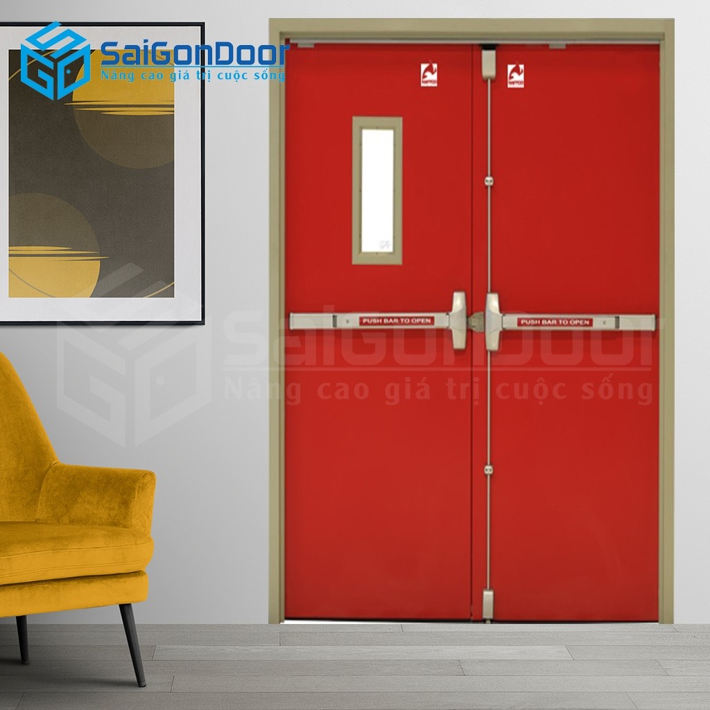 Cửa thép chống cháy TCC 2P1G1 thanh thoát hiểm đôi 1 Cửa thép chống cháy TCC 2P1G1 thanh thoát hiểm đôi