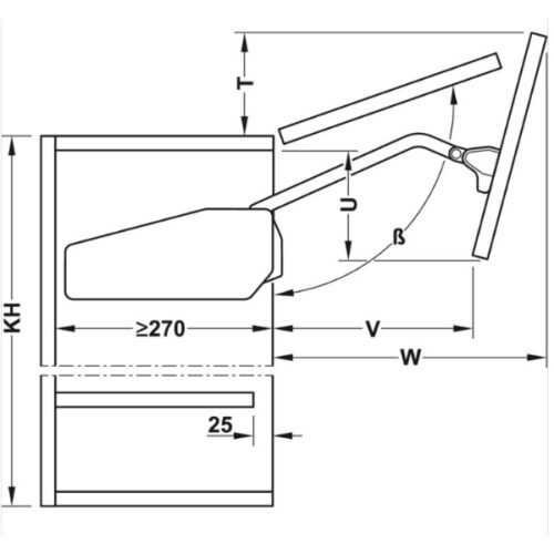 Bộ tay nâng Free Fold Short Hafele 493.05.736 5 Kích thước của Bộ tay nâng Free Fold Short Hafele 493.05.736