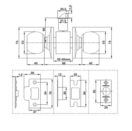 Khóa tay nắm tròn cửa đi Hafele 489.93.132 4 Kích thước của Khóa tay nắm tròn cửa đi Hafele 489.93.132