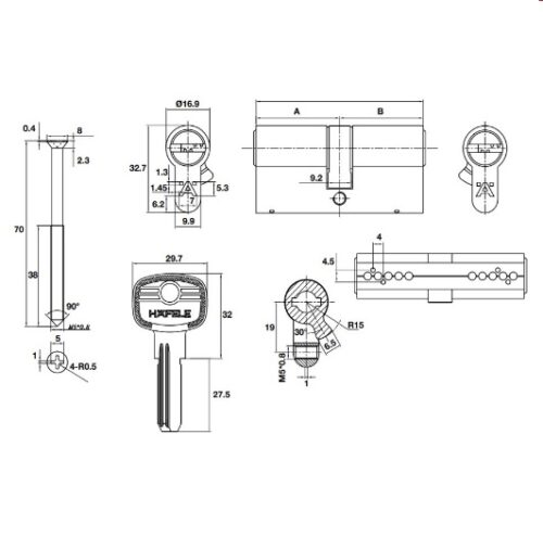 Ruột khóa 2 đầu chìa 65mm Hafele 489.56.002 5 Kích thước của Ruột khóa 2 đầu chìa 65mm Hafele 489.56.002
