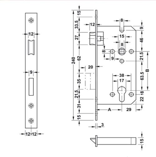 Thân khóa lưỡi gà chốt chết C/C 85mm Hafele 911.02.069 5 Kích thước của Thân khóa lưỡi gà chốt chết C/C 85mm Hafele 911.02.069