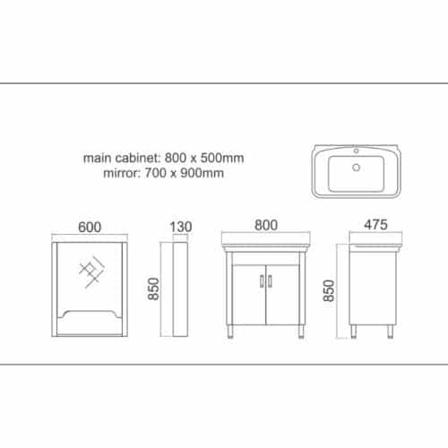 Bộ tủ chậu Gorlde GD-102 5 Kích thước bộ tủ chậu Gorlde GD-102