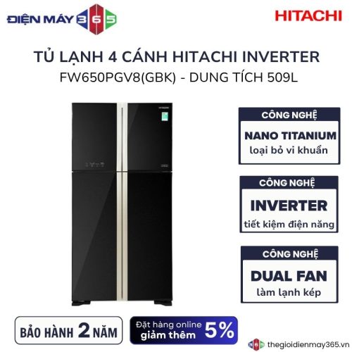 Tủ lạnh 4 cánh Inverter 509 lít Hitachi FW650PGV8 GBK