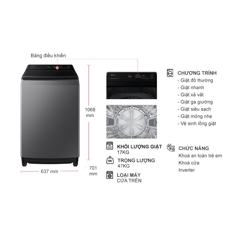 Máy Giặt Samsung Ecobubble Inverter 17 kg WA17CG6442BDSV cửa trên 6 Kích thước máy Giặt Samsung Ecobubble Inverter 17 kg WA17CG6442BDSV cửa trên