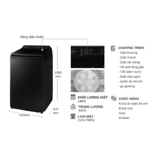 Máy Giặt Samsung Inverter 14 kg WA14CG5745BVSV cửa trên 9 Kích thước máy Giặt Samsung Inverter 14 kg WA14CG5745BVSV cửa trên