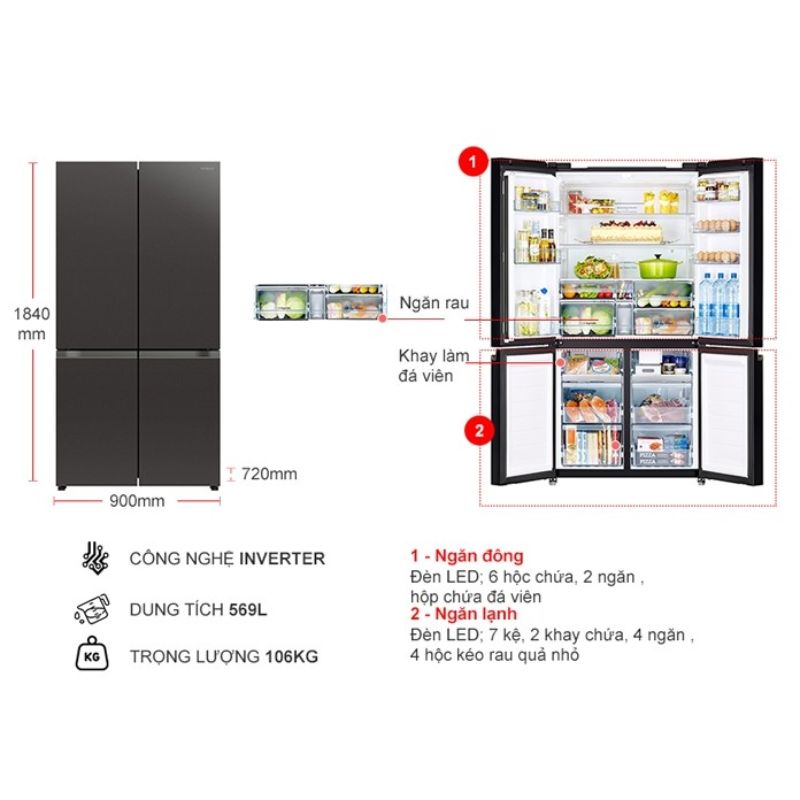 Tủ Lạnh 4 cánh Multi door Inverter 569 Lít Hitachi R-WB640PGV1 GMG 6 Kích thước tủ Lạnh 4 cánh Multi door Inverter 569 Lít Hitachi R-WB640PGV1 GMG