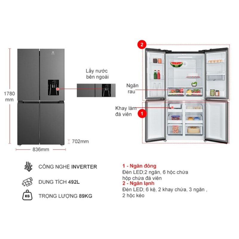 Tủ Lạnh 4 cánh Multi Doors Inverter 492 Lít Electrolux EQE4960A-B 5 Kích thước tủ Lạnh 4 cánh Multi Doors Inverter 492 Lít Electrolux EQE4960A-B