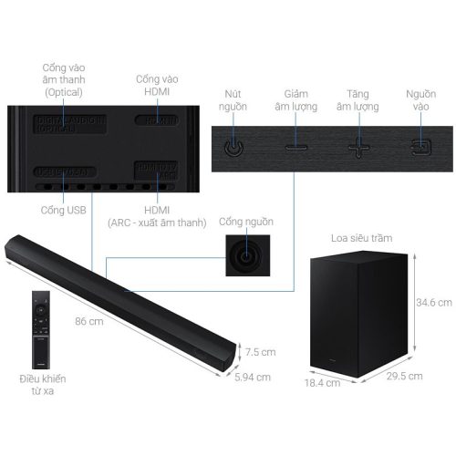 Bộ loa thanh Samsung HW-B550/XV 410W 9 Kích thước bộ loa thanh Samsung HW-B550/XV 410W