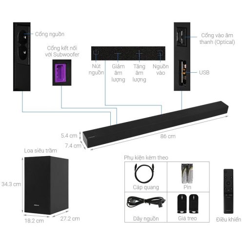 Bộ loa thanh Samsung HW-T420/XV 150W 13 Kích thước bộ loa thanh Samsung HW-T420/XV 150W