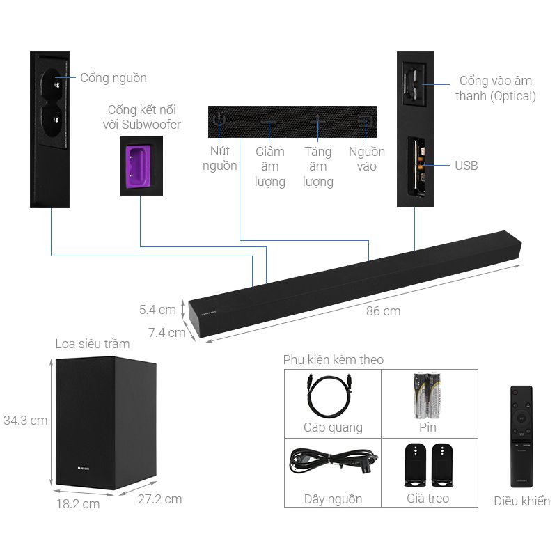 Bộ loa thanh Samsung HW-T420/XV 150W 8 Kích thước bộ loa thanh Samsung HW-T420/XV 150W