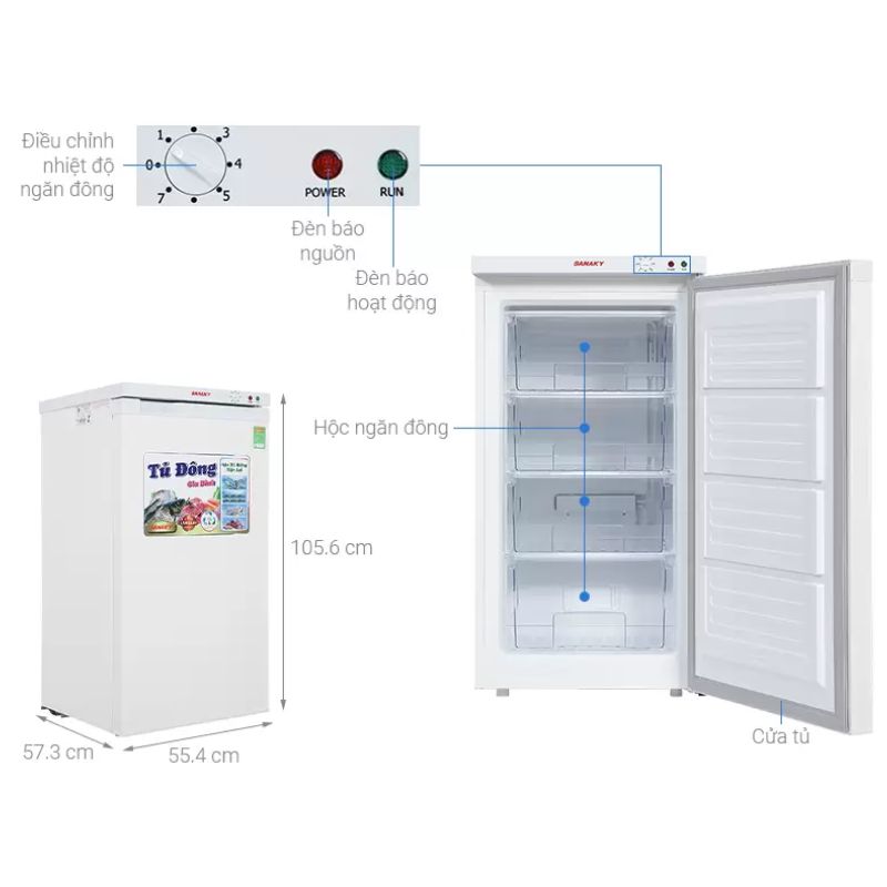 Tủ đông đứng Sanaky VH-160VD 118 lít 6 Kích Thước Tủ đông đứng Sanaky VH-160VD 118 lít