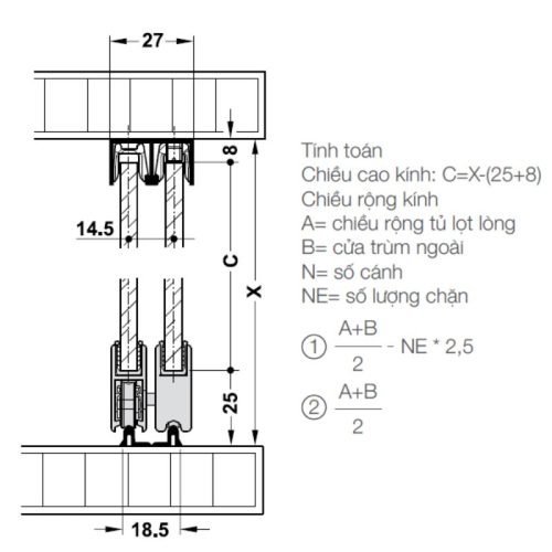 Kích thước phụ kiên cửa trượt kính Hafele 402.32.032