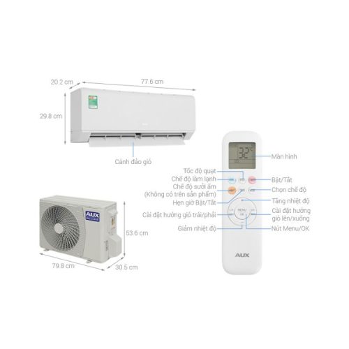 Máy lạnh AUX Inverter 1.5 HP AW13CAA4DI-3VN 8 kich thuoc may lanh aux inverter 1 5 hp aw13caa4di 3vn