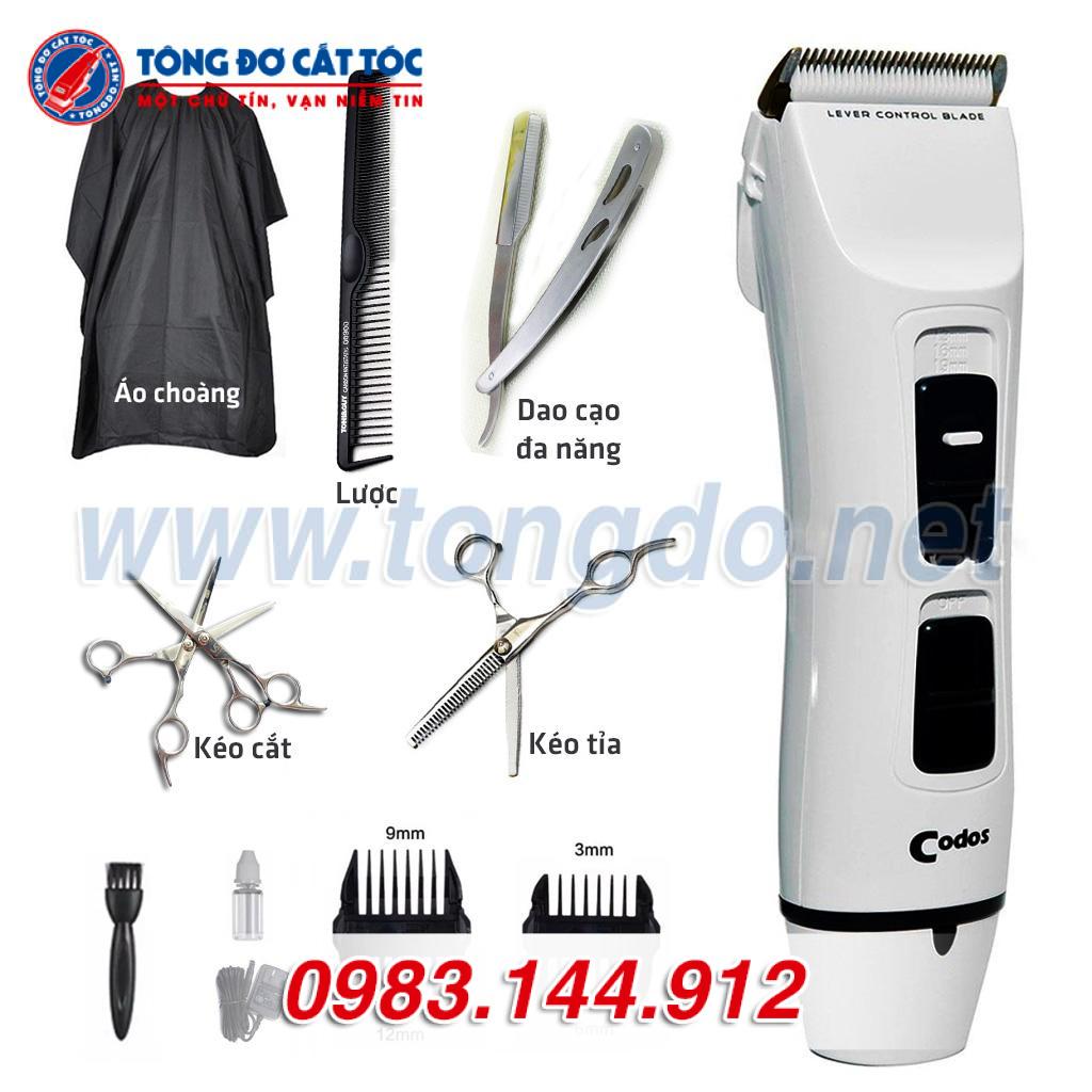 Combo Tông đơ Codos T6, Kéo tỉa, Kéo cắt, Áo choàng, Dao cạo, Lược