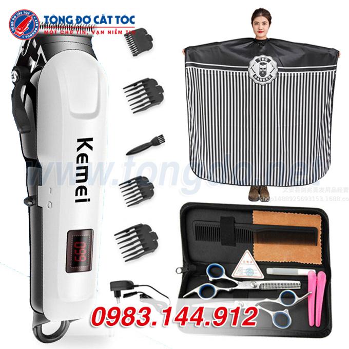 Combo Tông đơ Kemei Km-809A: Tông đơ + kéo cắt + kéo tỉa + áo choàng + lược + 2 kẹp tóc + bao da