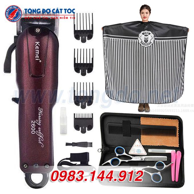 Combo Tông đơ Kemei KM-2600: Tông đơ + kéo cắt + kéo tỉa + áo choàng + lược + 2 kẹp tóc + bao da