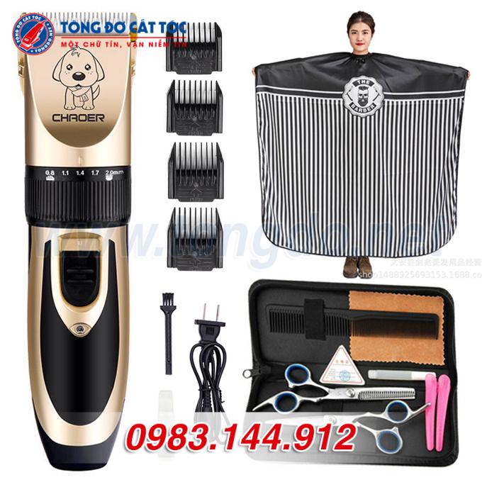 Combo Tông đơ Chaoer: Tông đơ + kéo cắt + kéo tỉa + áo choàng + lược + 2 kẹp tóc + bao da