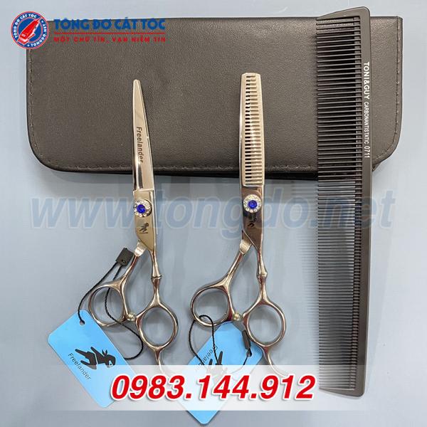 Bộ Kéo Freelander Ngọc Xanh Thép Nhật Cao Cấp Tặng Kèm Bao Da Đựng Kéo Cao Cấp + Lược Toniguy