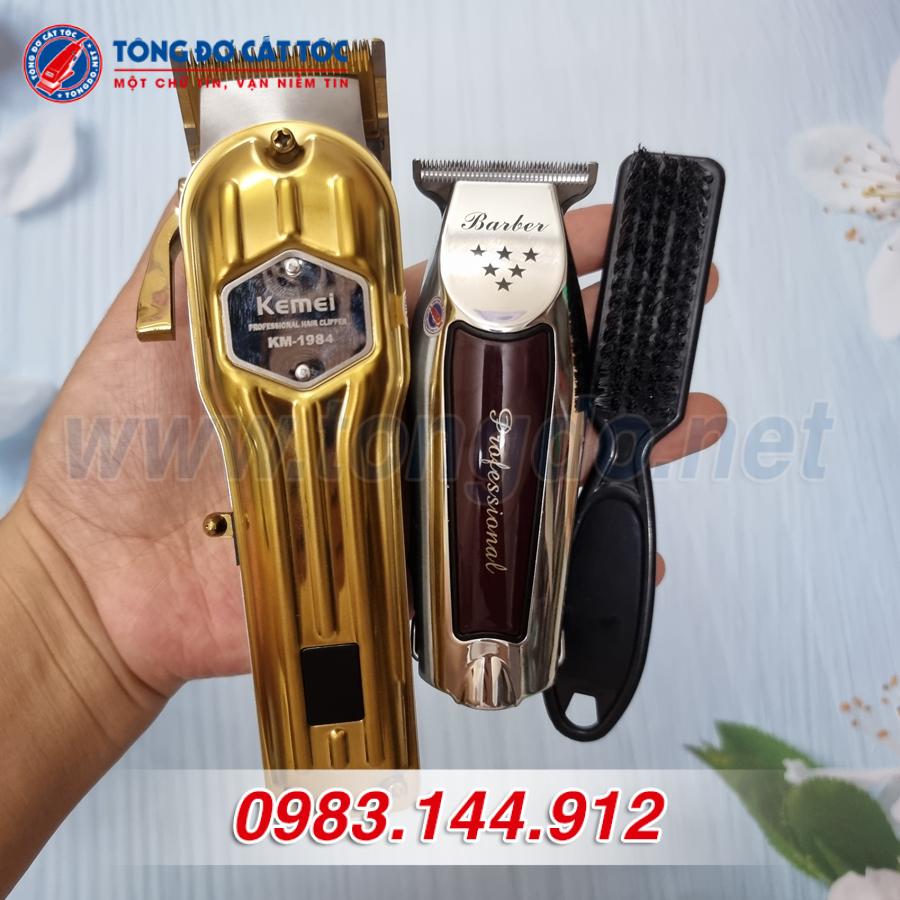 Combo tông đơ Kemei KM1984, chấn viền barber tặng chổi phủi